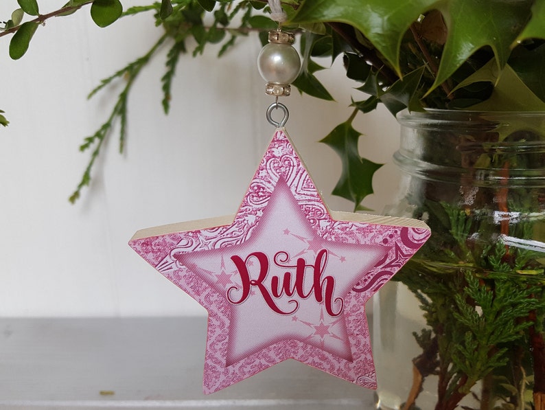 Personalised / Christmas hanging star decoration, Pine wood handcrafted tree hangers, Decoupage name star with bead detail image 9