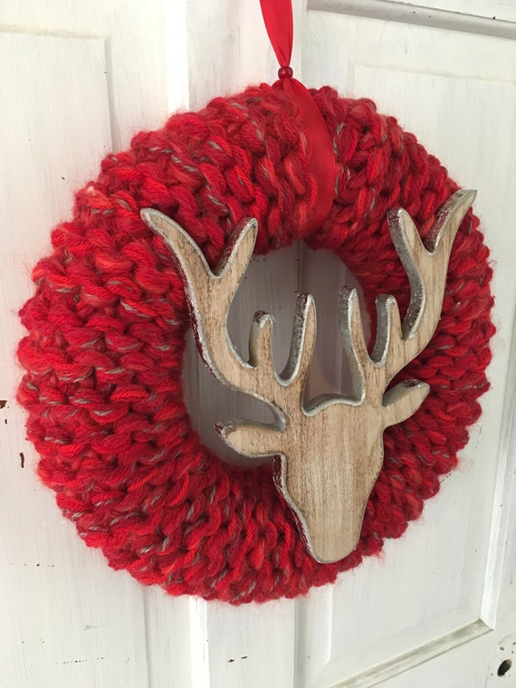 Made to order 35cm Knitted Red Christmas wreath with wooden stags head.