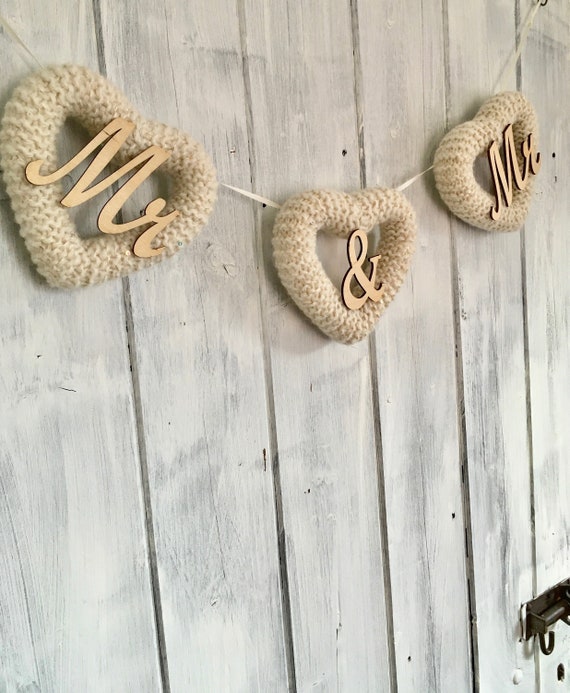 Knitted Wedding Heart Bunting Cream