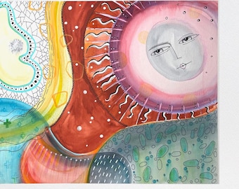 Mystical Mixed-Media Original – Cosmic Moon with Face & Cellular Structure, 30x40 cm