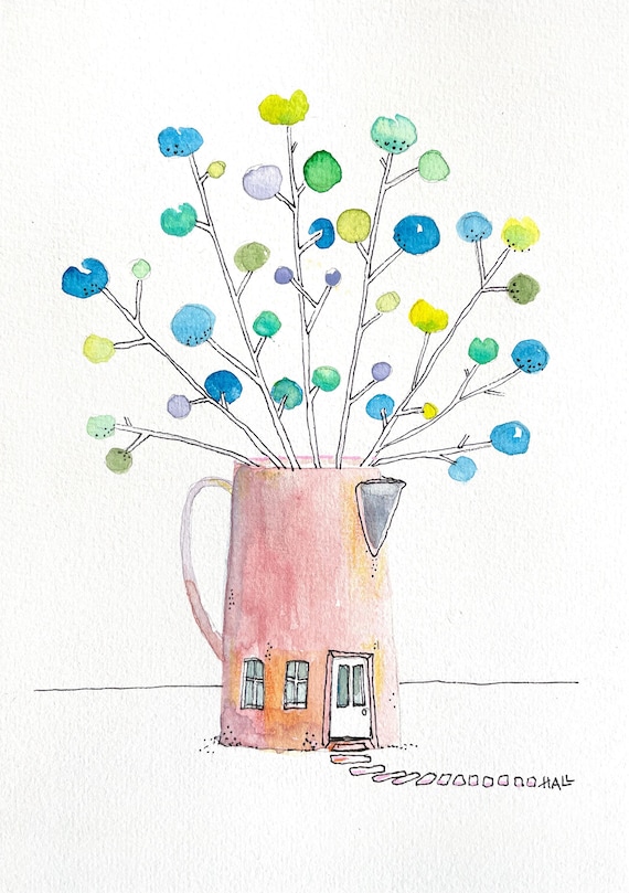 Original Illustration 'The Blooming Jug House' – A5 – Whimsical Watercolor & Fineliner Art