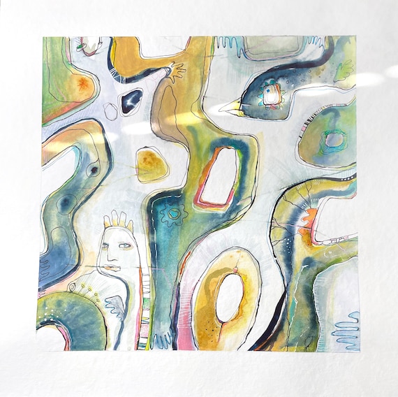 Hand-painted Mixed Media Art 'Soul River' 40x40 cm – abstract watercolor art