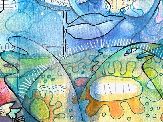 Magical Night – King, Woman and Moon – Symbolic Mixed Media Original A5 – Watercolor, Ink, Oil Pastel