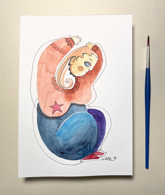 Original Watercolor 'Innere Wende' – expressive female figure in rust & indigo, modern naive art, signed one of a kind (A5)