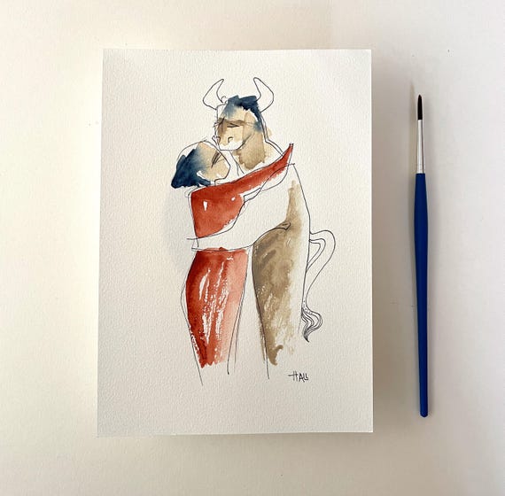 BELLE & BEAST – Original Watercolor Drawing | Embracing couple | A5 Artwork | Horned Man | Mythical inspired