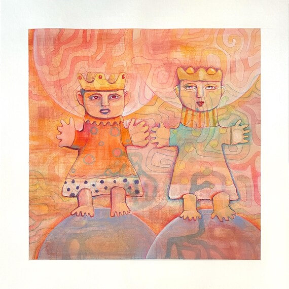 Original watercolor painting "Two Royal Children" – art inspired by a German ballad – warm colors