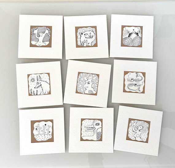 Miniature black and white drawings with passe-partout | fantastic line art | mythical art as a gift