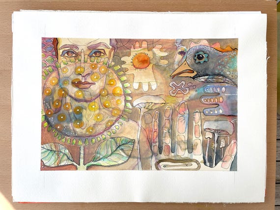 Woman with Bird – Symbolic Nature and Fantasy Painting in Mixed Media – Original Watercolor 30 x 40 on Hahnemuehle Cotton Paper