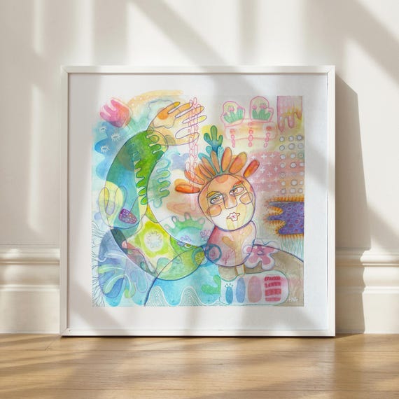 Original Watercolor 40x40 cm – Farewell – colorful expressive art with fineliner