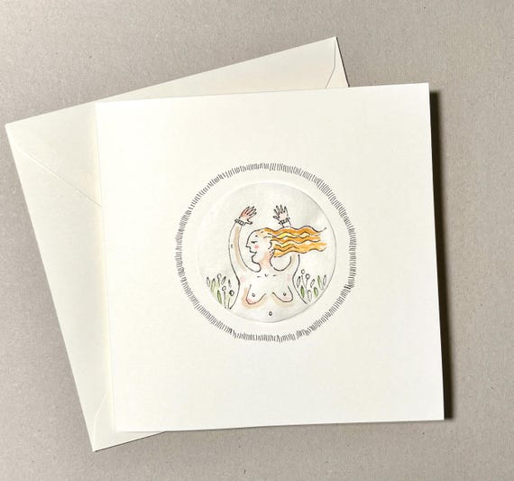 Handmade Artist Card FREEDOM – Woman with Flowing Hair enjoying Nature – Original Drawing