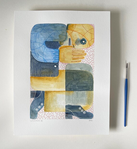 Original Watercolor 'Lockdown III' – Desperate figure locked up and praying, expressive art in blue and ochre