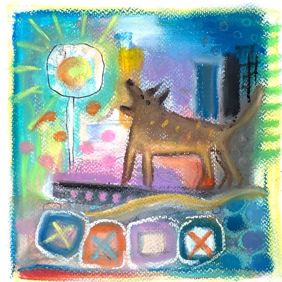The Night Watcher – Original Mixed Media Artwork 20x20 cm – Barking Dog – Urban Folk Art