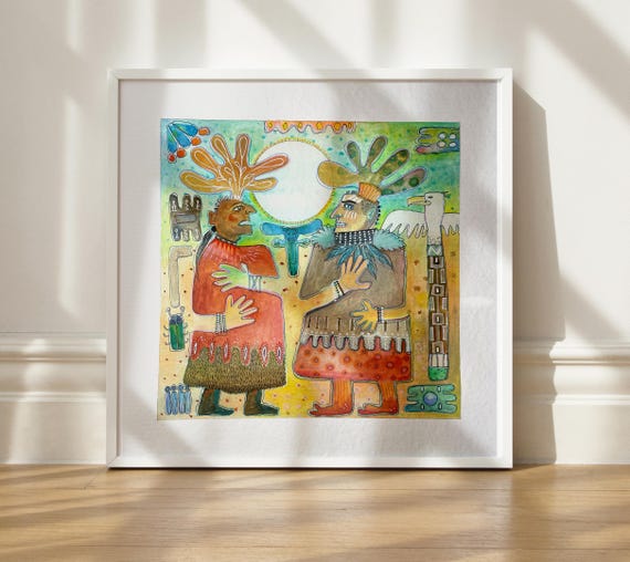 Hand-painted Mixed Media Art 'The Negotiation' | symbolic artwork 40x40 cm | unique wall art | tribal art | Listen2Art