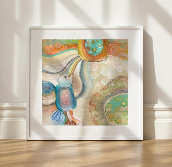 Original Painting Soul-flight | flying Bird in cosmic worlds | wall art pastel colors poetry art