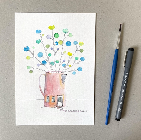 Original Illustration 'The Blooming Jug House' – A5 – Whimsical Watercolor & Fineliner Art