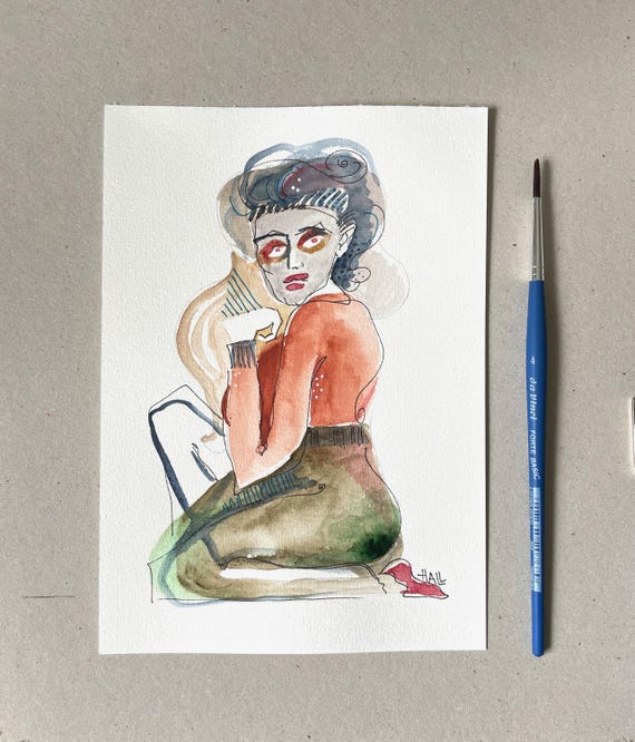 Original watercolor – kneeling woman – expressive art – A5 – feminine portrait – unique artwork by Strobel-Hall
