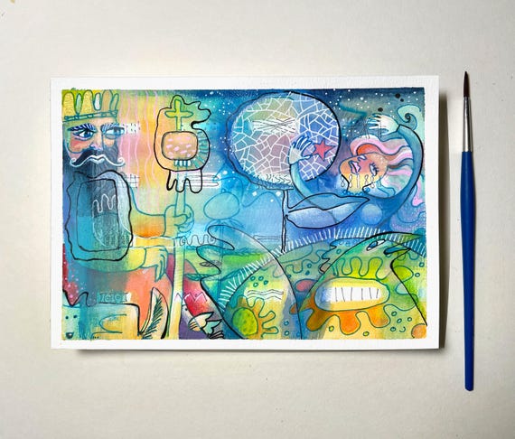 Magical Night – King, Woman and Moon – Symbolic Mixed Media Original A5 – Watercolor, Ink, Oil Pastel