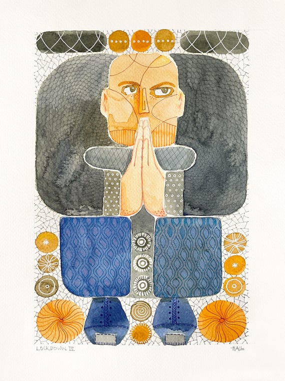 Original Watercolor 'Lockdown' IV – symbolic male figure in orange and grey, contemporary narrative art with fine pattern detail
