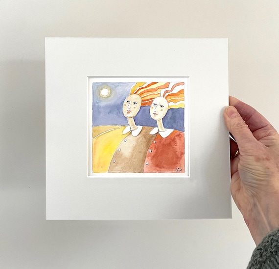 Parallel Worlds – Original Watercolor, Surreal Couple in Landscape