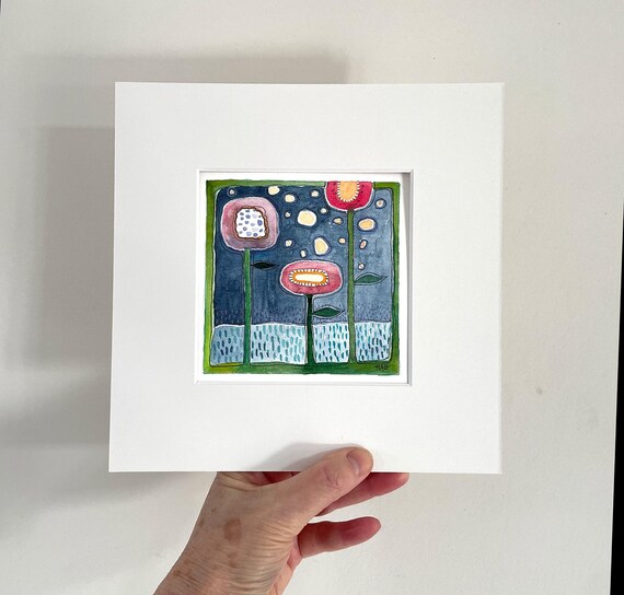 Original watercolor painting | Magical nighttime flowers in a shower of stars | Hand-painted fantasy art | Strobel-Hall