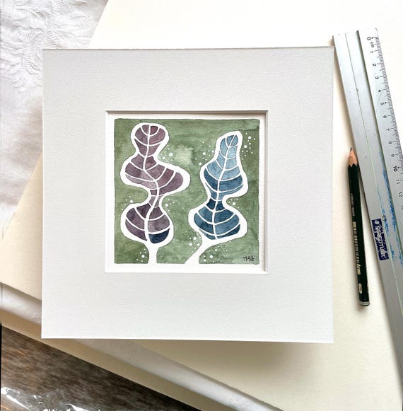 Surreal pair of leaves in watercolor - original abstract nature painting with passe-partout