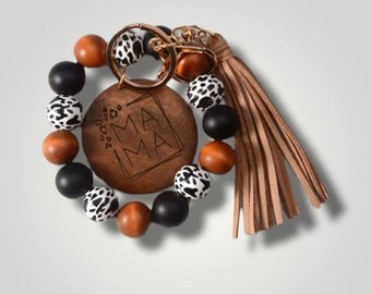 Mama Cow Print Keychain Bracelet Blue Mother's Day Gift Idea