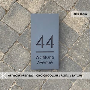 Modern House Sign, Vertical Door Number 15 cm x 30 cm Laser Cut Bespoke Plaque Customised with Numbers and Road or House Name