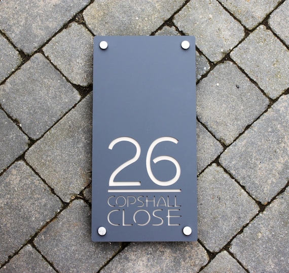 Modern House Number Door Sign Portrait Vertical Address Plaque Unique Laser Cut Bespoke Customised With Road Or House Name