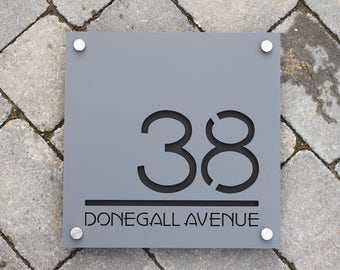 Contemporary House Number Door Sign. Square  30cm x 30cm plaque personalised with Numbers and Road or House Name