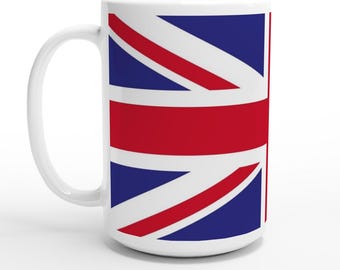 Weiße 15-Unzen-Keramiktasse - mit einem auffälligen Union Jack-Print