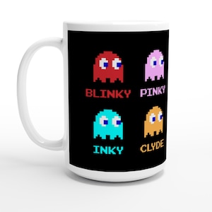 White Ceramic Mug (15oz) – Featuring 8bit Iconic Pacman Ghosts Blinky Pinky Inky & Clyde Artwork in Grid Of Four