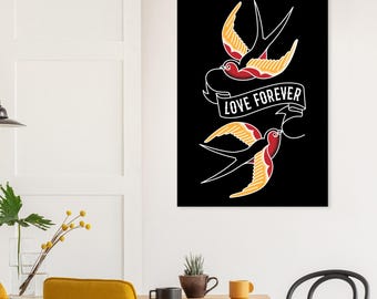 Swallow Tattoo Art Print – Vintage-Inspired Flash Design, Classic Ink Style, Love Forever Wall Decor