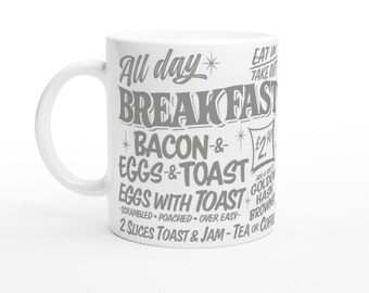 White 11oz Ceramic Mug - Featuring UK Cafe Breakfast Menu Typography Retro Monochrome White Grey