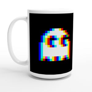 White Ceramic Mug (15oz) – Featuring Iconic Pacman Ghost With 8Bit Offset Effect