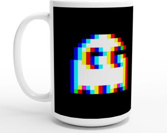 White Ceramic Mug (15oz) – Featuring Iconic Pacman Ghost With 8Bit Offset Effect