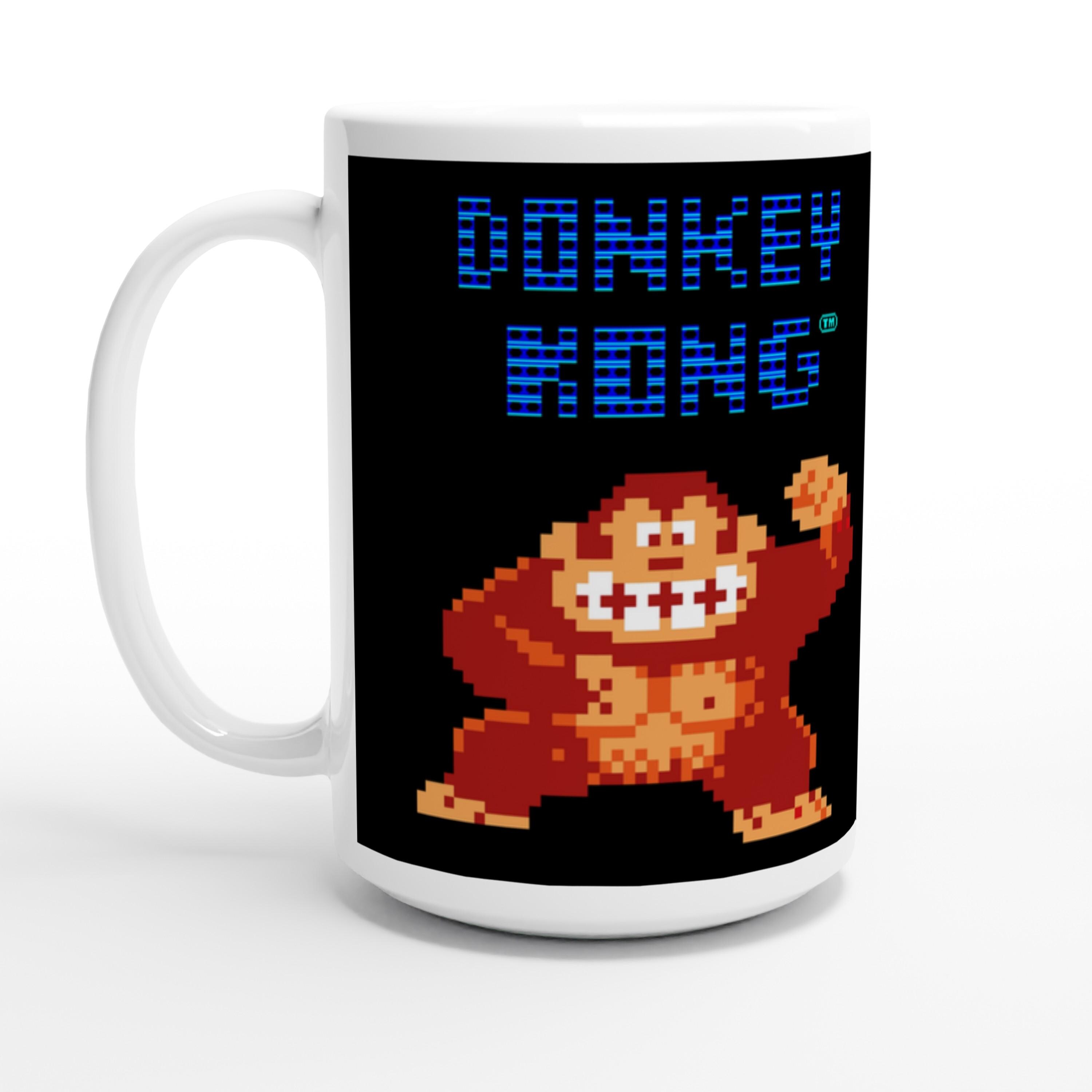 White Ceramic Mug (15oz) – Featuring 8bit Iconic Donkey Kong Video Game Pixel Artwork with Logo