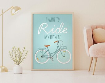 I Want To Ride My Bicycle Poster Digital Download 18x24 Inches Vintage Style, Green, Gift, Wall Decor, Modern, Poster, Touring Bike, Cyclist