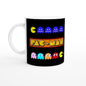 White 11oz Ceramic Mug - Featuring 8bit Iconic Pacman, Ghosts Blinky, Pink,y Inky, & Clyde And 8bit Pacman Logo