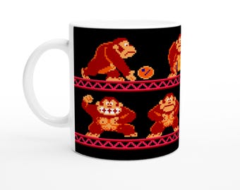 White Ceramic Mug (11oz) Featuring 8-bit Iconic Donkey Kong Arcade Game Sprites Pixel Artwork With Donkey Kong And Girders