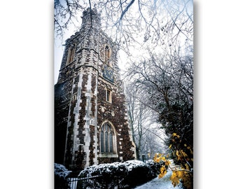 Church tower photo card, christmas card, greetings card, photo card, photo print, hornsey, winter scene, st marys tower, church in snow