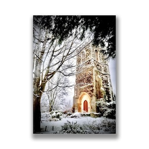 Campanile della chiesa nella neve, biglietto di Natale, cartolina di Natale, torre di Santa Maria, biglietto di auguri, cartolina fotografica, stampa fotografica, Hornsey, neve, chiesa, A6
