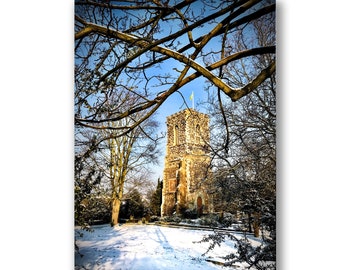 Kerktoren in de sneeuw, kerstkaart, kerstkaart, st marys toren, wenskaart, fotokaart, fotoprint, hornsey, sneeuw, kerk, A6