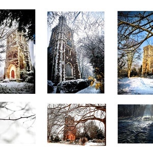 St Mary's Tower Hornsey, paquete de 6 tarjetas navideñas variadas, tarjetas de felicitación, tarjeta con foto, impresión fotográfica, Hornsey, nieve, iglesia, A6