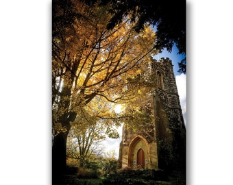 Church tower photo card, church in autumn, st marys tower, greetings card, photo print, hornsey, autumn, original artwork, crouch end photo