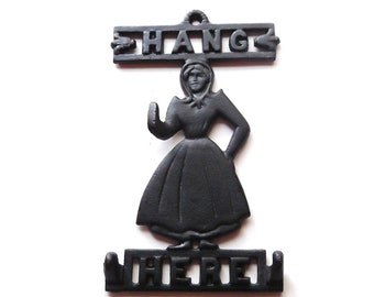 Cast Iron Wall Key Holder with Hooks  "Hang Here" Lady Dutch Amish Vintage