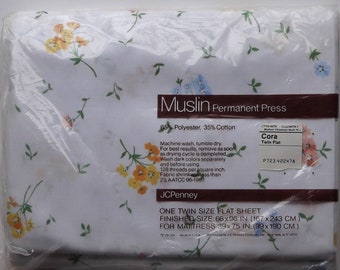 JCPENNY Muslin Flat sheet Twin Size Floral Print 1980's Sealed NOS