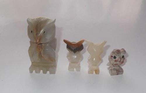 Slag OWLS Figurines Lot of 4 Vintage Hand Carved Stone MCM Mexico