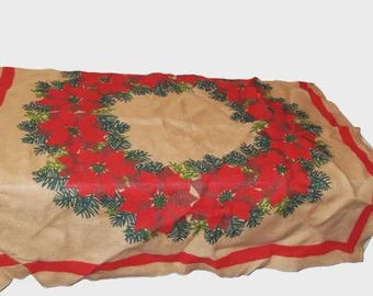 Vintage Burlap Jute Poinsettia tablecloth Christmas Flowers / Tree Skirt Country