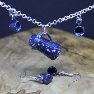 Miniature Ceramic Coffee Pot Necklace & Espresso Cup Earrings Set. Up-cycled Dollhouse accessories. Unique, Retro, Kawaii, Coffee Lovers.