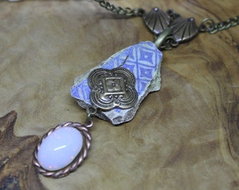 Up-cycled Vintage China Plate Shard Pendant, with beautiful Fire Opal & bronze features. Vintage, Re-purposed, Victoriana, Steampunk, Unique